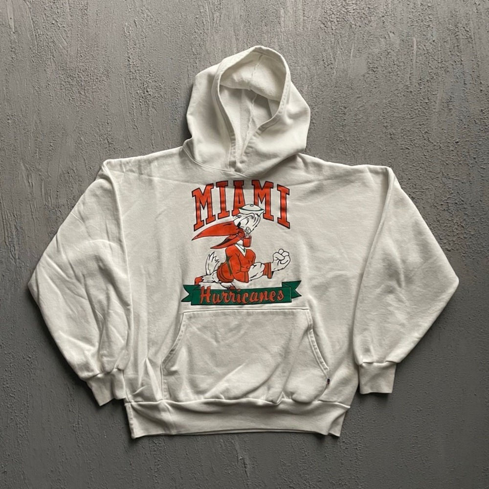 Vintage Miami Hurricanes Hoodie Men Large White 90s Russell Athletic